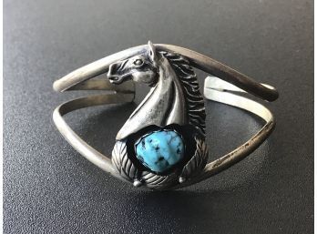 NATIVE AMERICAN SILVER FIGURAL HORSE CUFF BRACELET WITH TURQUOISE