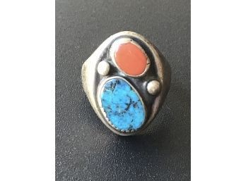 NATIVE AMERICAN PAWN SILVER RING TURQUOISE & CORAL  ~SIZE 11 3/4~