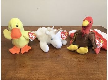 LOT OF 3 RARE BEANIE BABIES MYSTIC UNICORN, GOBBLES TURKEY & QUACKERS DUCK WITH TAGS