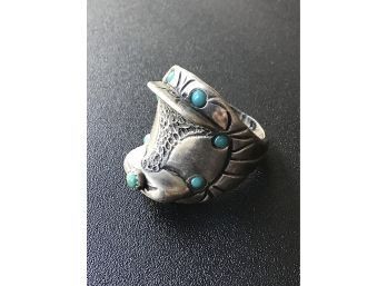 NATIVE AMERICAN PAWN SILVER FIGURAL HORSE SADDLE RING WITH TURQUOISE ~SIZE 12 1/4~