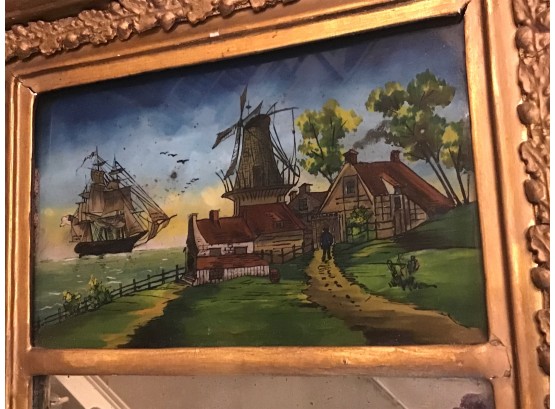 ANTIQUE REVERSE PAINTED MIRROR NAUTICAL WINDMILL SCENE WITH ORNATE FRAME
