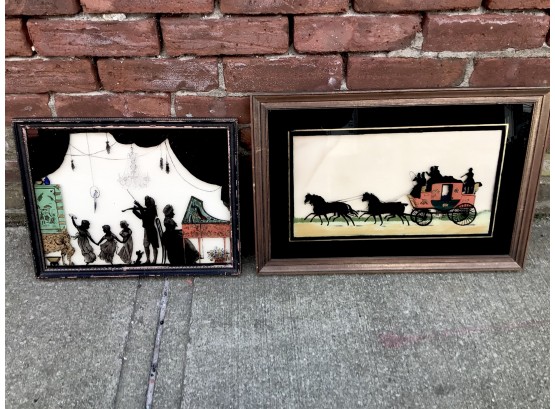LOT OF 2 ANTIQUE REVERSE PAINTED PAINTINGS  ~A FIREMAN'S HORSE AND CARRIAGE AND A FAMILY MUSICAL SCENE~
