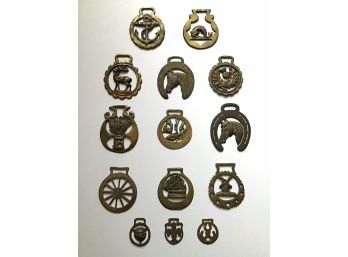 LOT OF 14 VINTAGE ENGLISH HORSE BRIDLE ORNAMENTS ~HORSE, ELK, DOLPHIN, WINDMILL & MORE~