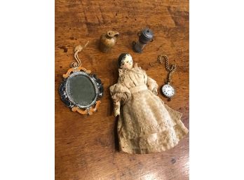 ANTIQUE MINIATURE DOLL WITH MINIATURE ACCESSORIES