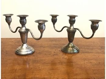 PAIR OF VINTAGE STERLING SILVER WEIGHTED 3 LIGHT CANDELABRAS THAT CONVERT TO SINGLE CANDLEHOLDERS