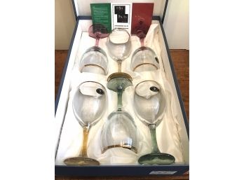 ELEGANT SET OF 6 ITALIAN WINE GLASSES IN BOX BY CRISTALLERIA FUMO OF ITALY