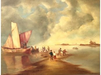 ANTIQUE PAINTING OF PEOPLE CLAMMING ON THE SHORE SIGNED A. YODER