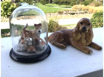 VINTAGE DOG FIGURINES IN GLASS DOME GERMANY & COCKER SPANIEL BY MORTENS STUDIO