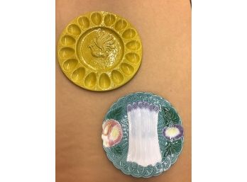 A MAJOLICA APARAGUS PLATE BY GENEVIEVE LETHU FRANCE & ROOSTER DEVILED EGG PLATE CALI.