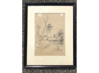 ORIGINAL PENCIL ETCHING OF OLD WINDMILL JAMESTOWN, RI BY JAMES MURRAY 1951