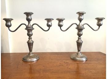PAIR OF VINTAGE STERLING SILVER WEIGHTED 3 LIGHT CANDELABRAS BY FISHER THAT CONVERT TO SINGLE CANDLEHOLDERS