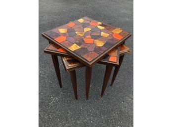 MID CENTURY SET OF 3 STACKING TABLES WITH TILE TOPS