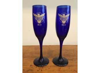 PAIR OF 1960's CONTINENTAL AIRLINES DC3 COBALT BLUE 1st CLASS CHAMPAGNE GLASSES