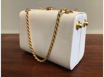 VINTAGE RODO OF ITALY WHITE LEATHER PURSE W/ GOLD TONE ROPE CHAIN HANDLES
