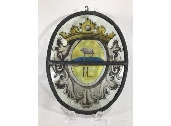 ANTIQUE STAINED GLASS  FLASH PAINTED WITH SHEEP, CROWN & MONOGRAM