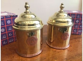PAIR OF BRASS & COPPER FIRST CLASS ONLY TOBACCO OR TEA CADDY JARS BY AUTHENTIC MODELS