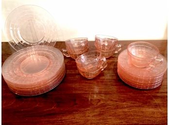 LOT OF 30 PCS. PINK DEPRESSION GLASS  LUNCH PLATES, SETS OF CUPS AND SAUCERS PLUS 5 SAUCERS