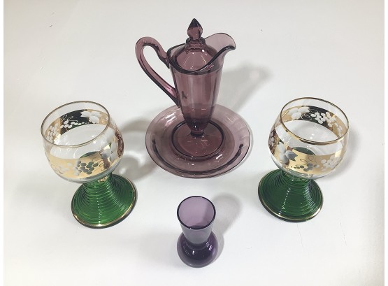 Lot Of Cambridge Amethyst Glass Syrup & Pair Green Roemer Goblets