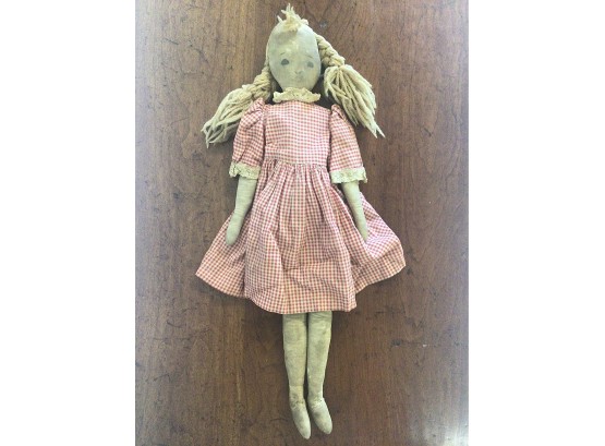 Antique Painted Cloth Doll W/ Original Dress