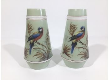 Antique Pair Of Painted Opaline Glass Vases