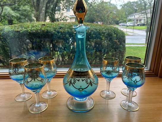 Antique Blue Crystal Glass Italian Decanter Set With 6 Matching