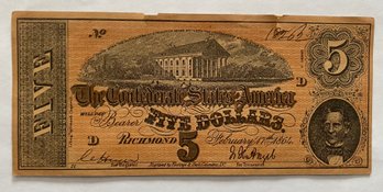 1864 Confederate States $5 Paper Currency Note, Featuring Confederate Capitol At Richmond, Virginia