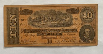 1864 Confederate States $10 Paper Currency Note, Depicts Confederate Cabinet Member Robert M. T. Hunter