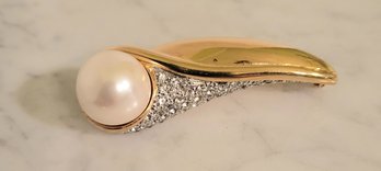 Vintage 1980's Modern Contemporary Marked 'Replica' Goldtone Brooch With Faux Pearl & Rhinestones