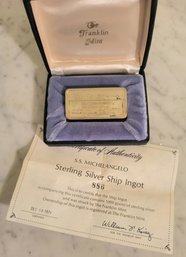 THE FRANKLIN MINT S.S.MICHELANGELO STERLING SILVER SHIP INGOT#886-DATED DEC 18, 1971-