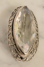 VINTAGE METAL FILIGREE PIN WITH CLEAR STONE