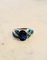 VINTAGE STERLING SILVER (MARKED 925) SYNTHETIC OPAL & TANZANITE COCKTAIL RING--SIZE 5