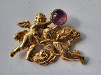 VINTAGE DOUBLE ANGEL WITH AMETHYST GOLDTONE BROOCH -MARKED HMR