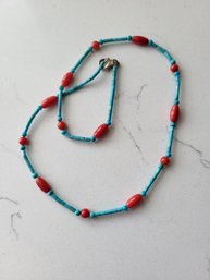 VINTAGE STERLING SILVER DYED CORAL & TURQUOISE BEADED NECKLACE--17 1/2'L