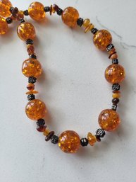 VINTAGE STERLING SILVER AMBER BEADED COLLAR NECKLACE-18'L