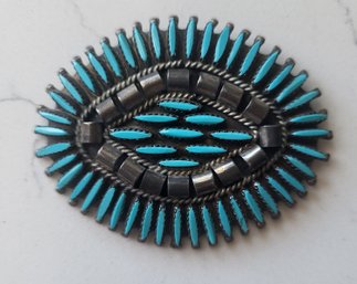VINTAGE LARGE STERLING SILVER (MARKED LH STERLING) NATIVE AMERICAN TURQUOISE BROOCH