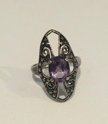 VINTAGE INSPIRED STERLING SILVER(MARKED SILVER 925) AMETHYST & MARCASITE COCKTAIL RING-SIZE 8