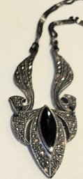 VINTAGE INSPIRED STERLING SILVER MARCASITE & ONYX PENDANT NECKLACE--18'L