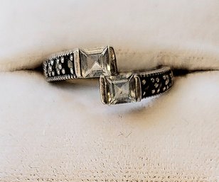 VINTAGE STERLING SILVER (MARKED A 925) COLORLESS TOPAZ & MARCASITE BYPASS RING-SIZE 6