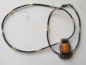 VINTAGE STERLING SILVER AMBER CARNELIAN BEADED NECKLACE--24'L
