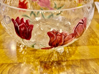 Contemporary Modern Crackled Glass Serving/ Salad Bowl With Hand Painted Flowers