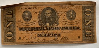 1864 Confederate States $1 Paper Currency Note, Featuring Portrait Of Clement Claiborne Clay.