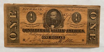 1864 Confederate States $1 Paper Currency Note, Featuring Portrait Of Clement Claiborne Clay
