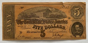 1864 Confederate States $5 Paper Currency Note, Featuring Confederate Capitol At Richmond, Virginia