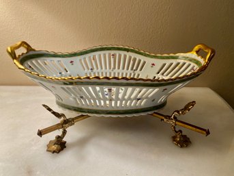 Vintage Haviland Limoges-France Open Oval Reticulated Bowl W/ Custom Brass Claw Foot Stand