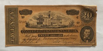 1864 Confederate States $20 Paper Currency Note, The State Capital Of Nashville, Tennessee
