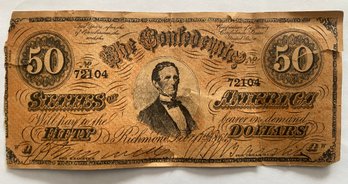 1864 Confederate States $50 Paper Currency Note, High Denomination, Featuring Portrait Of Jefferson Davis
