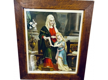 Antique Religious Blessed Mother & Child Lithograph W/ Antique Wood Oak Frame!