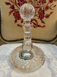 Vintage Crystal Ships Decanter W/ Gorham Sterling Silver Tag Reads '  Sherry '  R.E.P. Gorham With Stopper