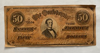 1864 Confederate States $50 Paper Currency Note, High Denomination, Featuring Portrait Of Jefferson Davis
