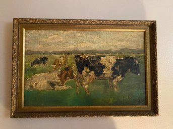 Antique European Oil Painting - Pastural Cows Grazing-w/ Antique Frame